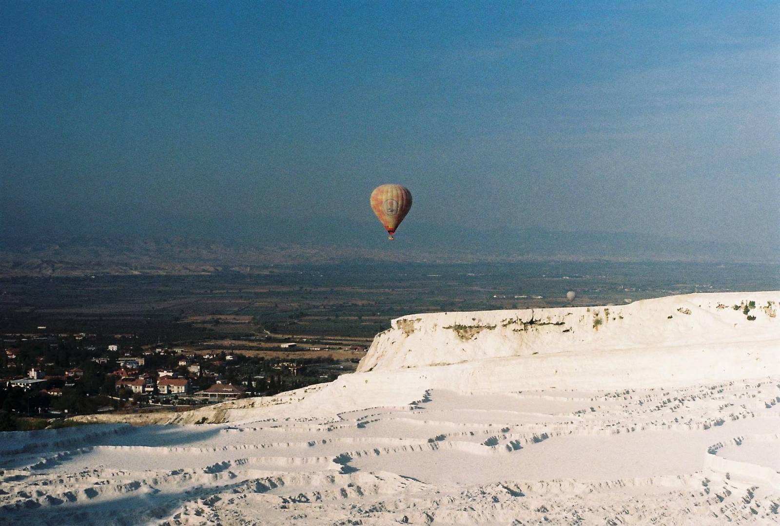 White cliffs and a hot air balloon
